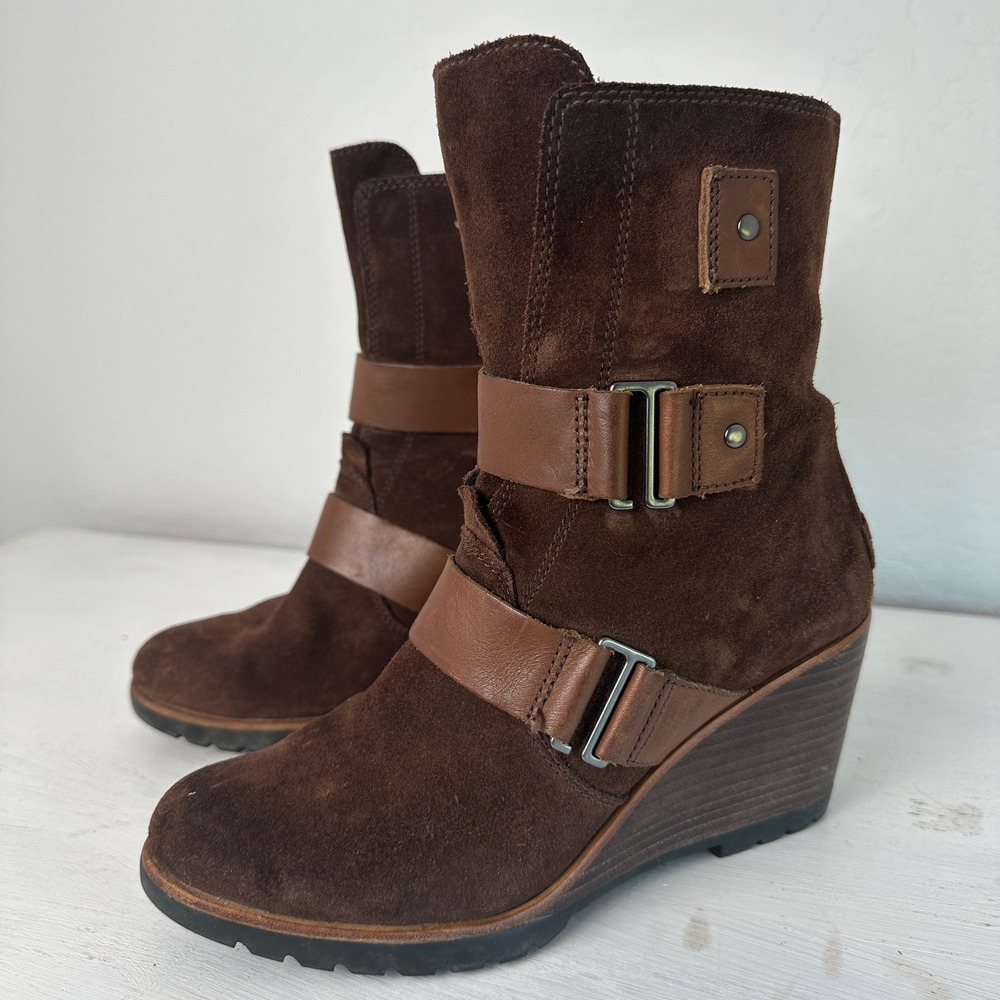 Sorel Boots Womens 9 Lea Wedge Elk Brown Leather Strap NL2554-256